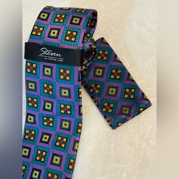 NEW Steven Land Men’s Tie with Double Sided Matching Pocket Square - Picture 2 of 11